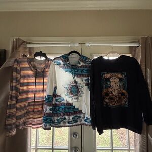 3 Women’s long sleeve shirts. 2 are hoodies, but not a sweatshirt material.